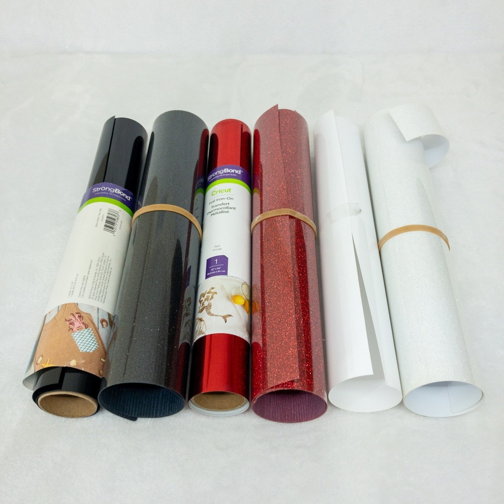 Used Cricut Iron-On Vinyl Lot of 4 Black White Red Solid & Glitter Foil HTV